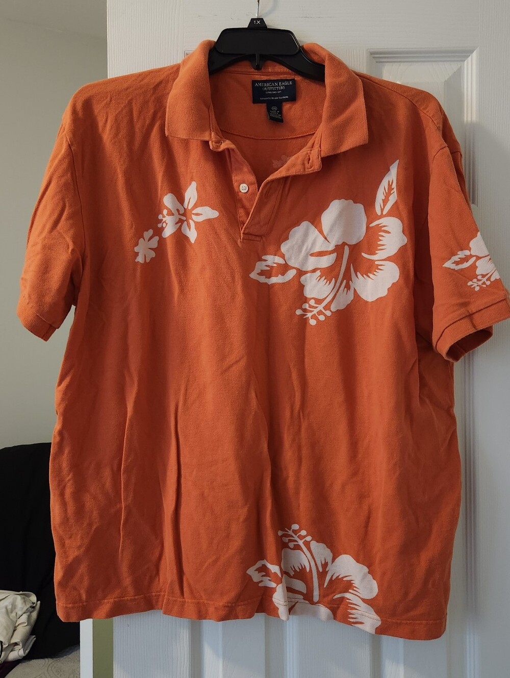 American Eagle Outfitters Men's Orange Polo with White Floral Print - XXL